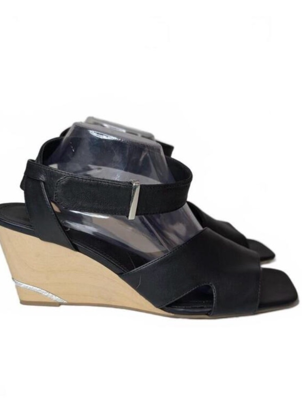 Franco Sarto Black Leather Open-Toe Wedge Sandals
